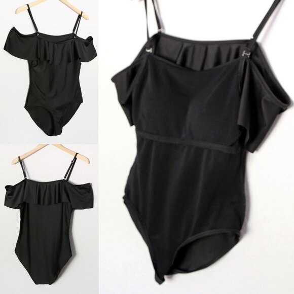 Black Off The Shoulder or Strapless Ruffle One Piece Swimsuit S Padded Modest - Picture 8 of 11
